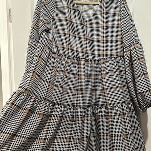 Plaid Babydoll Mini Dress - Long Sleeve, V- Neck